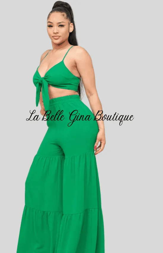 June Open Front Tie Top and Wide Flare Pants Set-Green