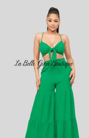 June Open Front Tie Top and Wide Flare Pants Set-Green
