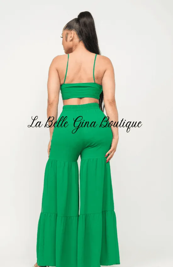 June Open Front Tie Top and Wide Flare Pants Set-Green
