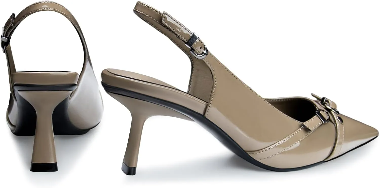 Kitten Heels for Women Closed Pointed Toe Heels Patent Leather Low Heel Slingback Dress Shoes Feature Adjustable Buckle for Date Party Work Office Comfortable Sexy Pumps Shoes