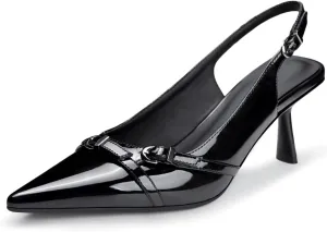 Kitten Heels for Women Closed Pointed Toe Heels Patent Leather Low Heel Slingback Dress Shoes Feature Adjustable Buckle for Date Party Work Office Comfortable Sexy Pumps Shoes