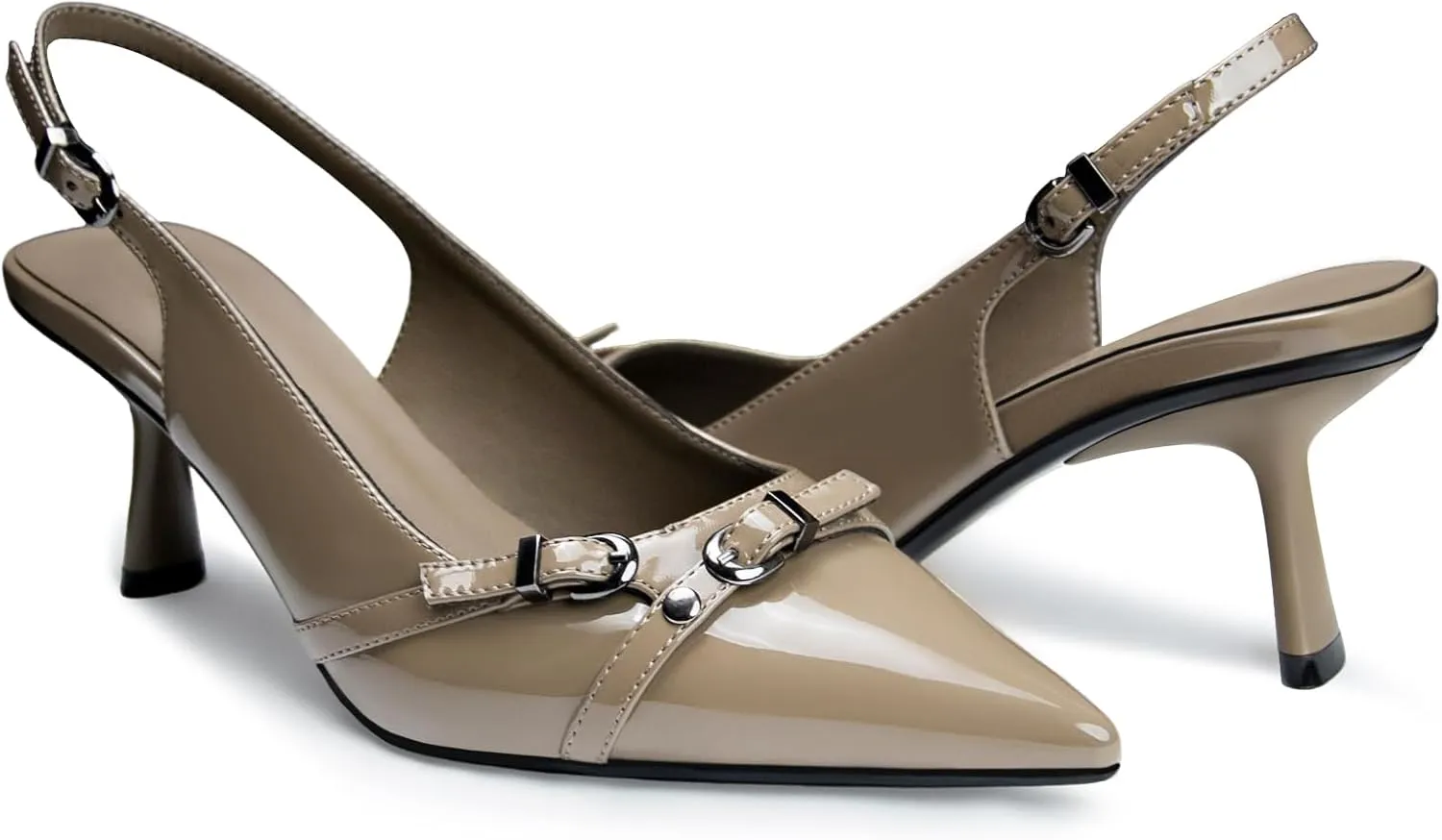 Kitten Heels for Women Closed Pointed Toe Heels Patent Leather Low Heel Slingback Dress Shoes Feature Adjustable Buckle for Date Party Work Office Comfortable Sexy Pumps Shoes