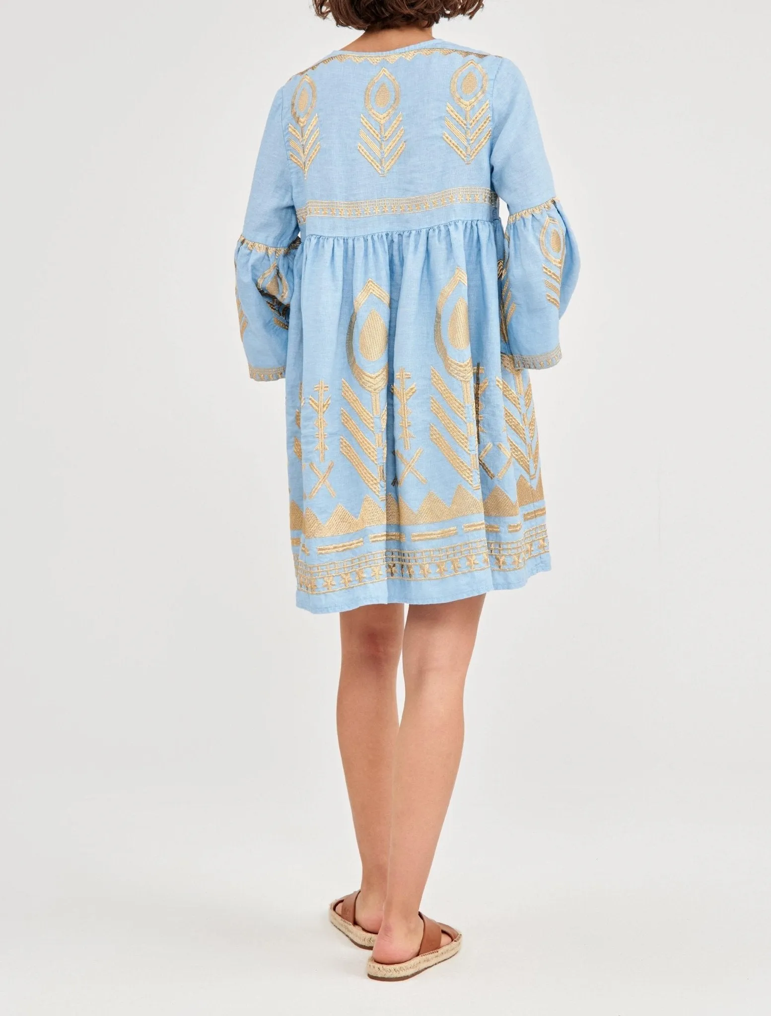 Kori Light Blue & Gold Feather Embroidered Dress