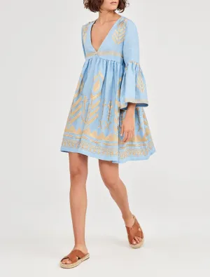 Kori Light Blue & Gold Feather Embroidered Dress