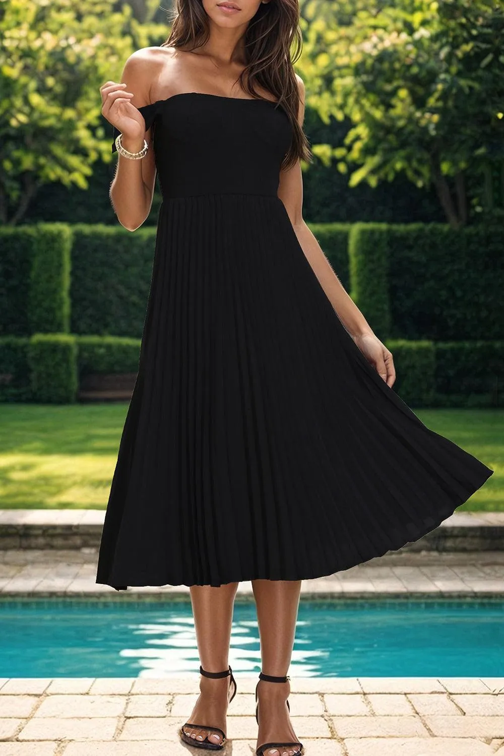 Lasting Charisma Pleated Off Shoulder Midi Black Dress