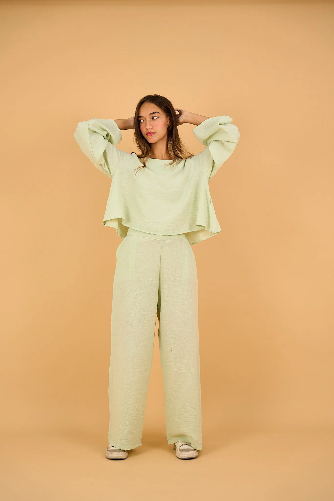 LUNA - Wide Leg Linen Pants - Pastel Green