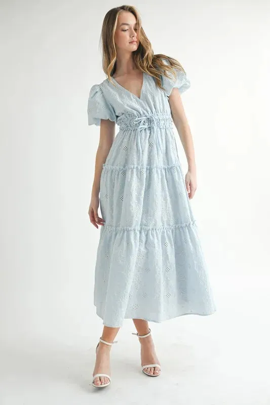 MABLE Eyelet Lace Puff Sleeve V Neck Midi Dress