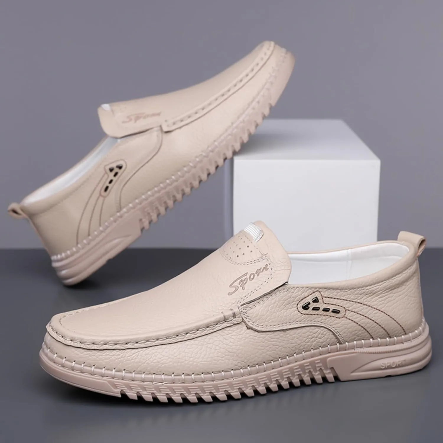 Mens Handmade Leather Slip On Loafers Casual Lightweight Soft Non Slip Walking Shoes for Driving Daily Work Office