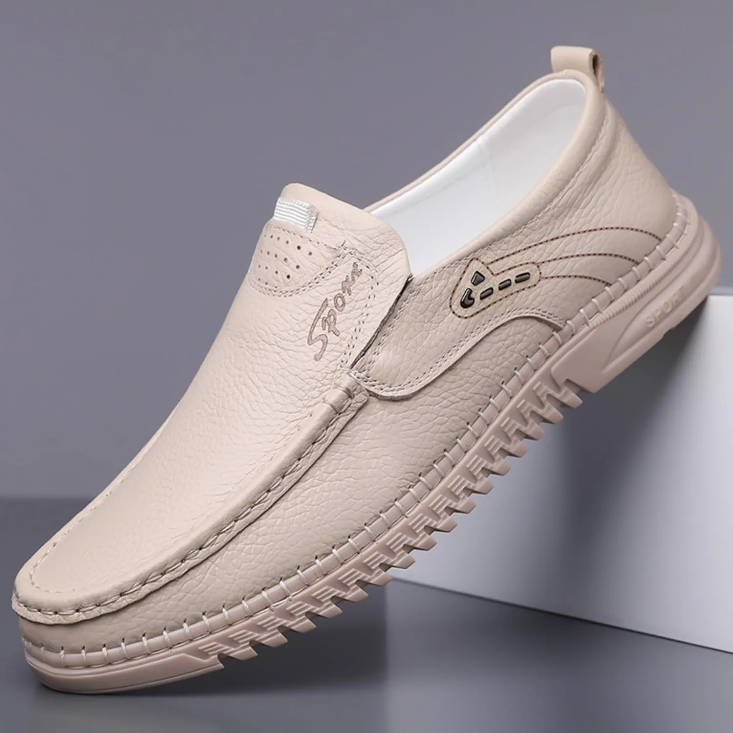 Mens Handmade Leather Slip On Loafers Casual Lightweight Soft Non Slip Walking Shoes for Driving Daily Work Office