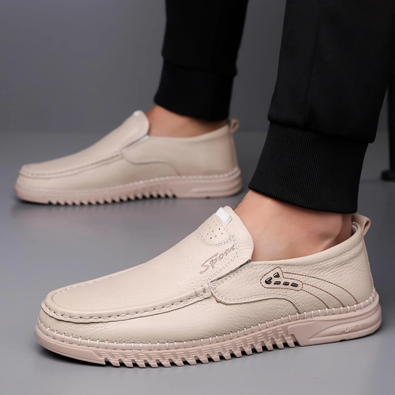 Mens Handmade Leather Slip On Loafers Casual Lightweight Soft Non Slip Walking Shoes for Driving Daily Work Office
