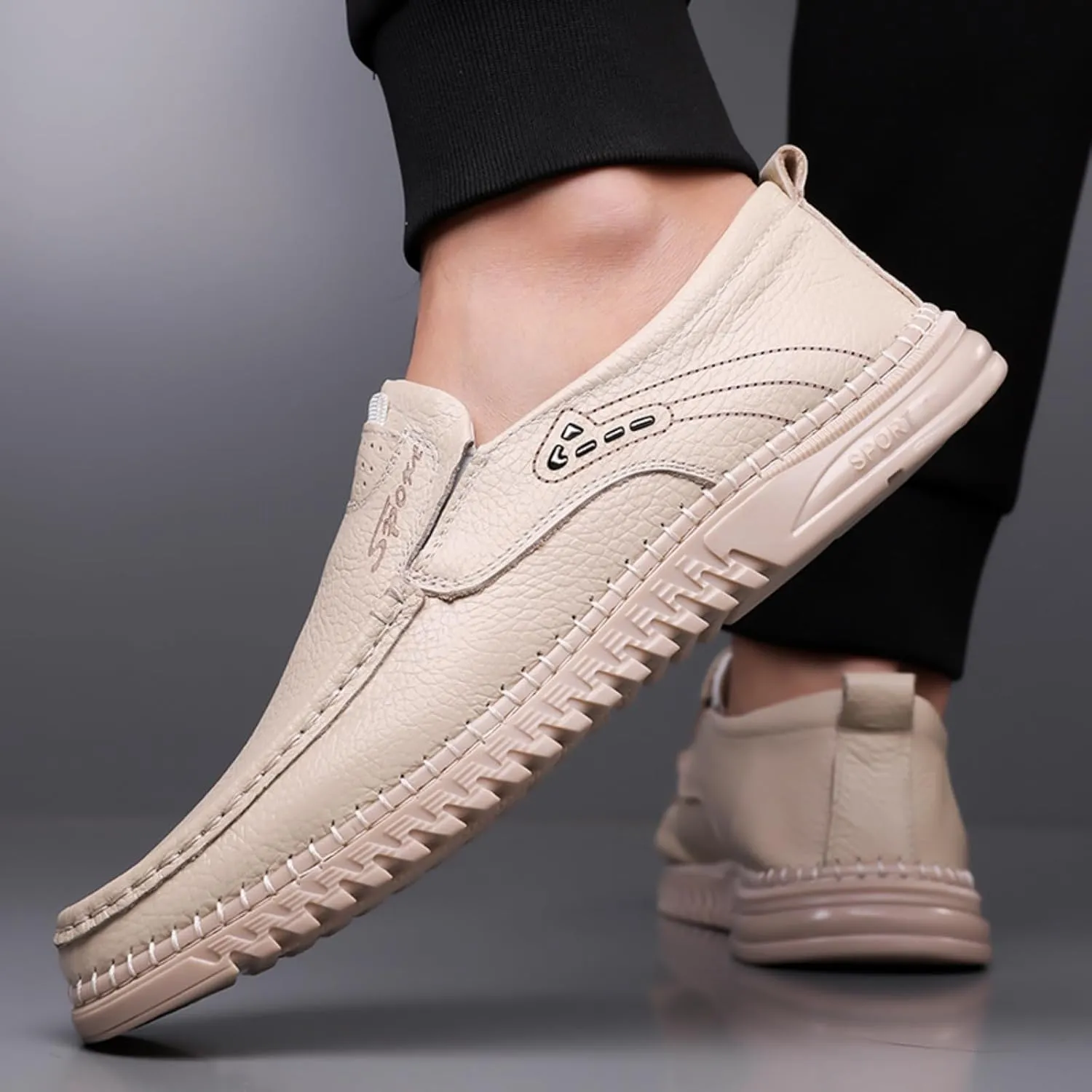 Mens Handmade Leather Slip On Loafers Casual Lightweight Soft Non Slip Walking Shoes for Driving Daily Work Office