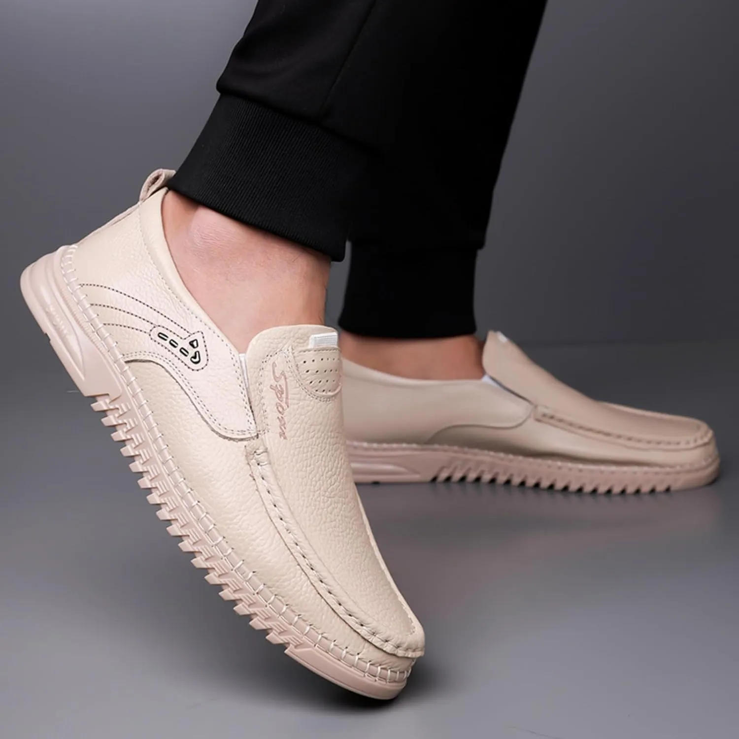 Mens Handmade Leather Slip On Loafers Casual Lightweight Soft Non Slip Walking Shoes for Driving Daily Work Office