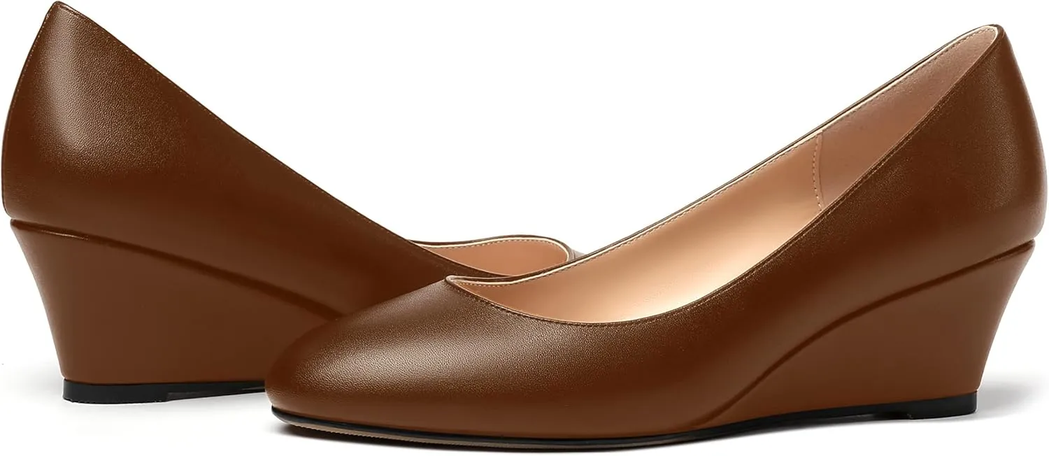 MERRORI Womens Solid Matte Casual Slip On Round Toe Work Wedge Low Heel Pumps Shoes 2 Inch