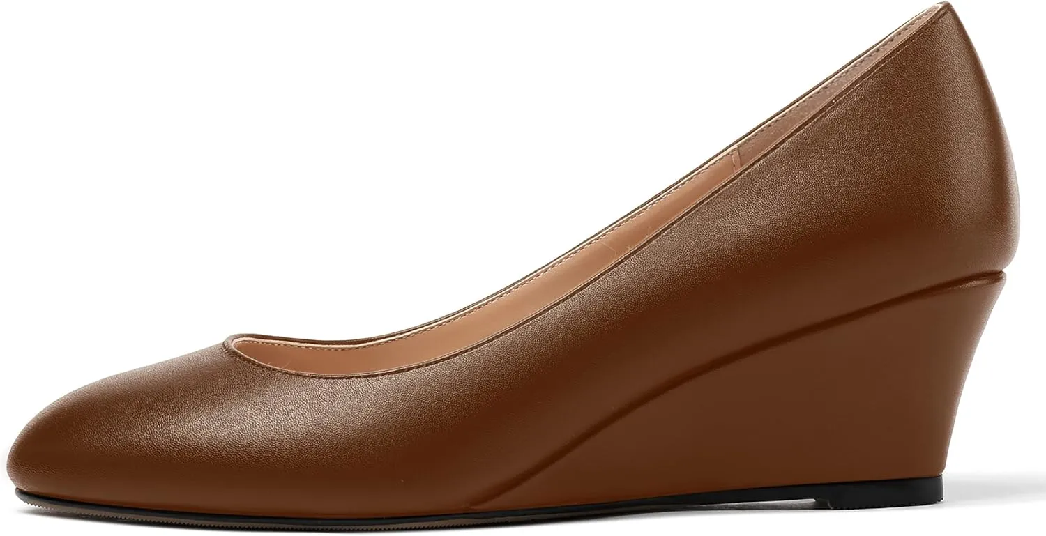 MERRORI Womens Solid Matte Casual Slip On Round Toe Work Wedge Low Heel Pumps Shoes 2 Inch