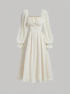 MOD Square Neck Flare Sleeve Ruched Bust Dress