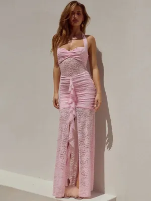 Nalani Halterneck Sheer Lace Maxi Dress  Summer Wedding Guest & Beach Occasion Dress in Pink, Yellow & White