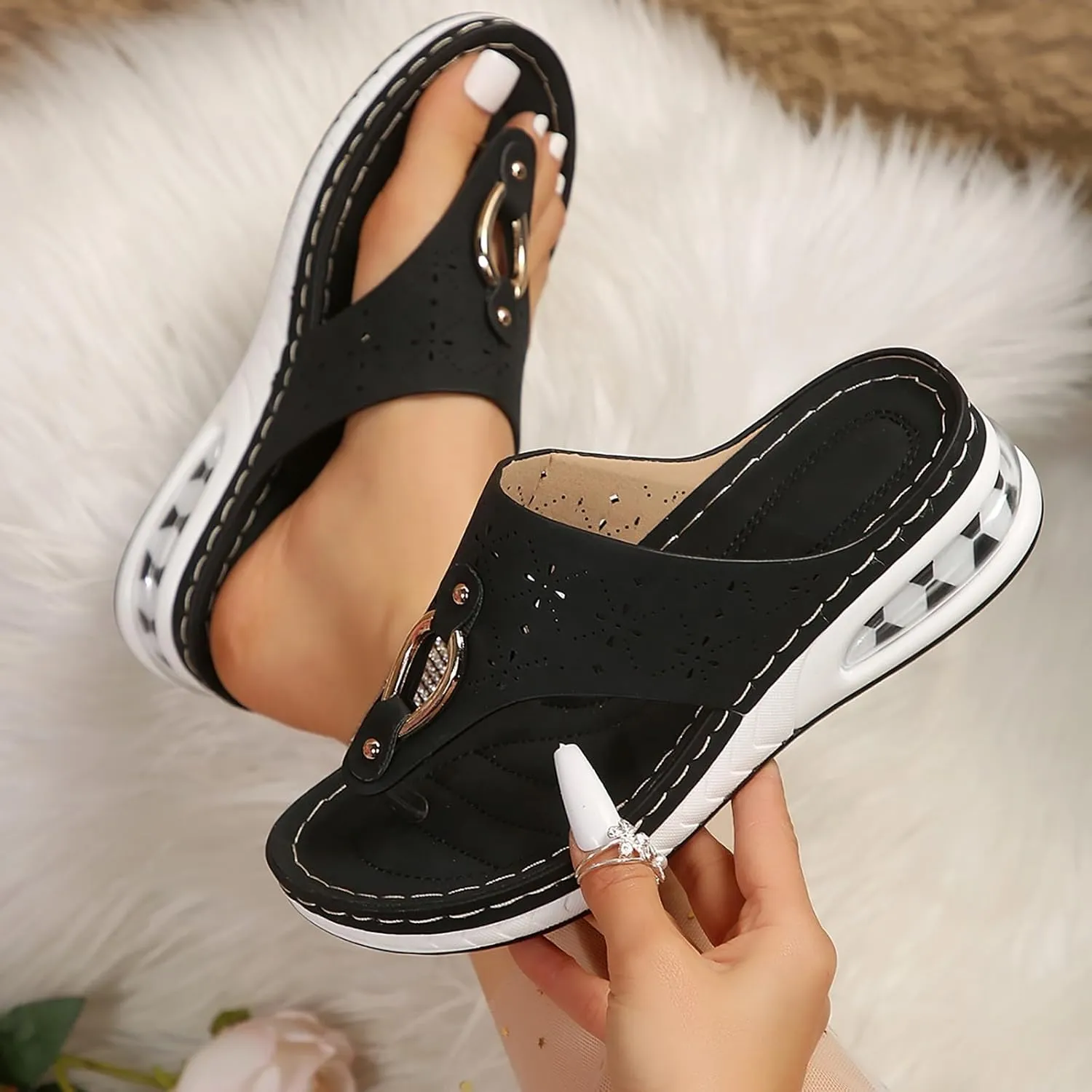 Orthopedic Sandals for Women Dressy Comfortable Arch Support Platform Wedge Summer Vacation Beach Shoes Women's Thong T-Strap Metal Orthotic Casual Flat Cushion Flip Flops Recovery Walking Slippers