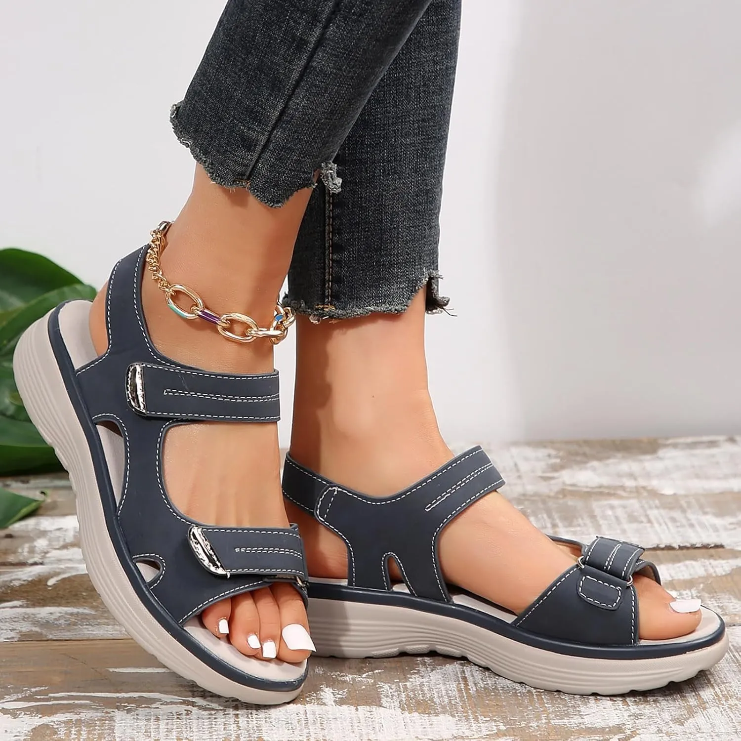 Orthopedic Wide Sandals for Women 2025 Dressy Strappy Arch Support Flat Wedge Sandals Walking Women Open Toe Ankle Strap Comfortable Platform Slip-On Shoes for Summer Beach Casual