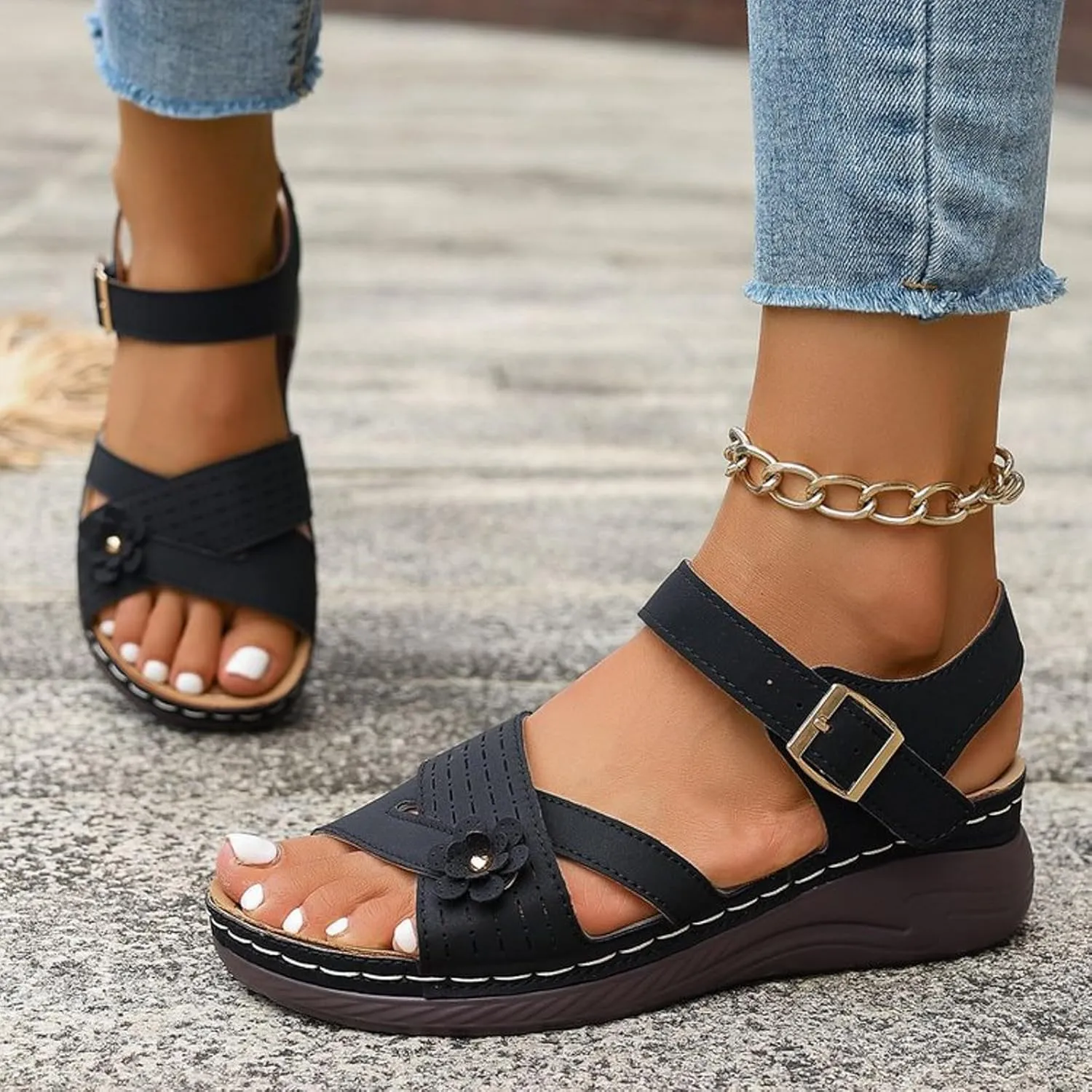 Orthopedic Wide Sandals for Women 2025 Dressy Strappy Arch Support Flat Wedge Sandals Walking Women Open Toe Ankle Strap Comfortable Platform Slip-On Shoes for Summer Beach Casual