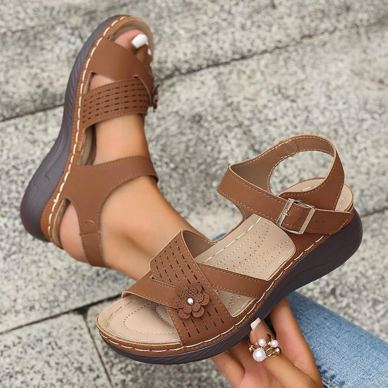 Orthopedic Wide Sandals for Women 2025 Dressy Strappy Arch Support Flat Wedge Sandals Walking Women Open Toe Ankle Strap Comfortable Platform Slip-On Shoes for Summer Beach Casual