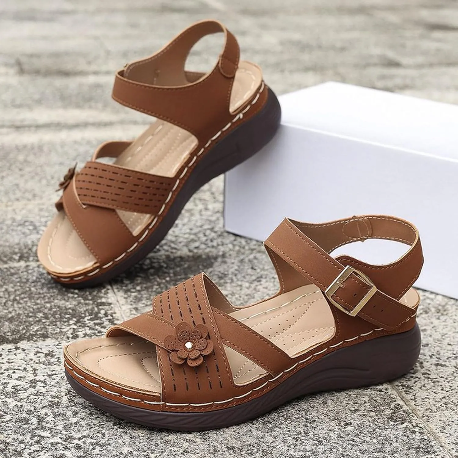 Orthopedic Wide Sandals for Women 2025 Dressy Strappy Arch Support Flat Wedge Sandals Walking Women Open Toe Ankle Strap Comfortable Platform Slip-On Shoes for Summer Beach Casual