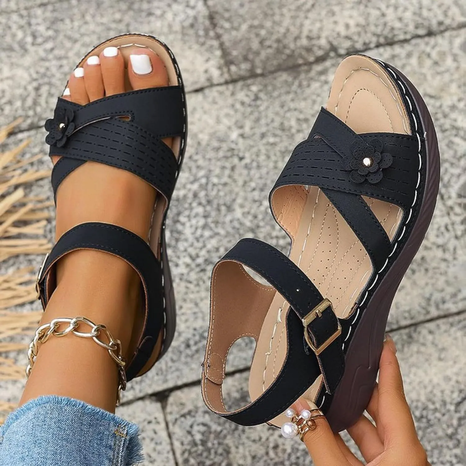 Orthopedic Wide Sandals for Women 2025 Dressy Strappy Arch Support Flat Wedge Sandals Walking Women Open Toe Ankle Strap Comfortable Platform Slip-On Shoes for Summer Beach Casual