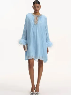 Serena Pleated Feather Cuff Evening Dress