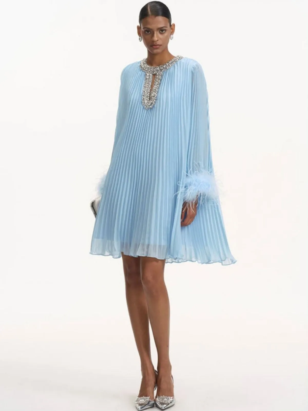 Serena Pleated Feather Cuff Evening Dress