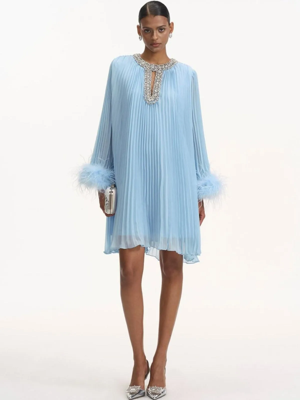 Serena Pleated Feather Cuff Evening Dress