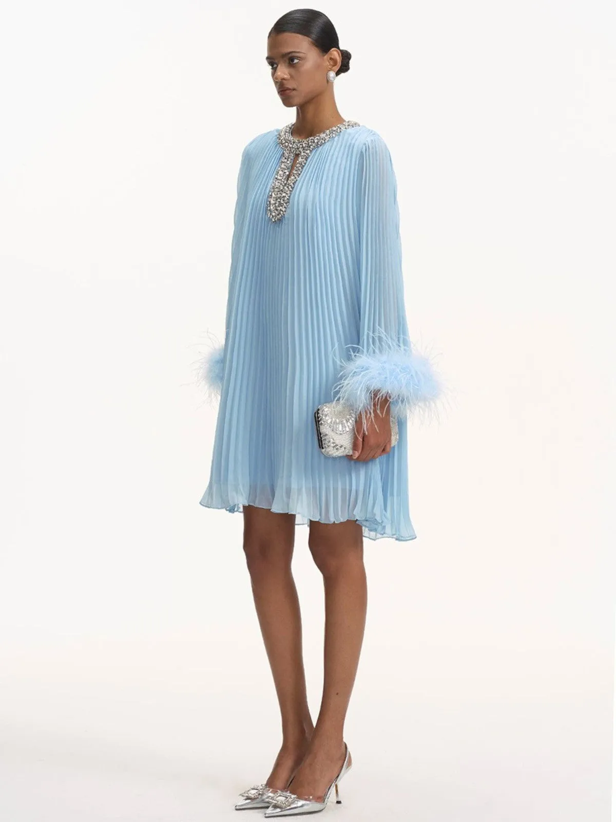 Serena Pleated Feather Cuff Evening Dress