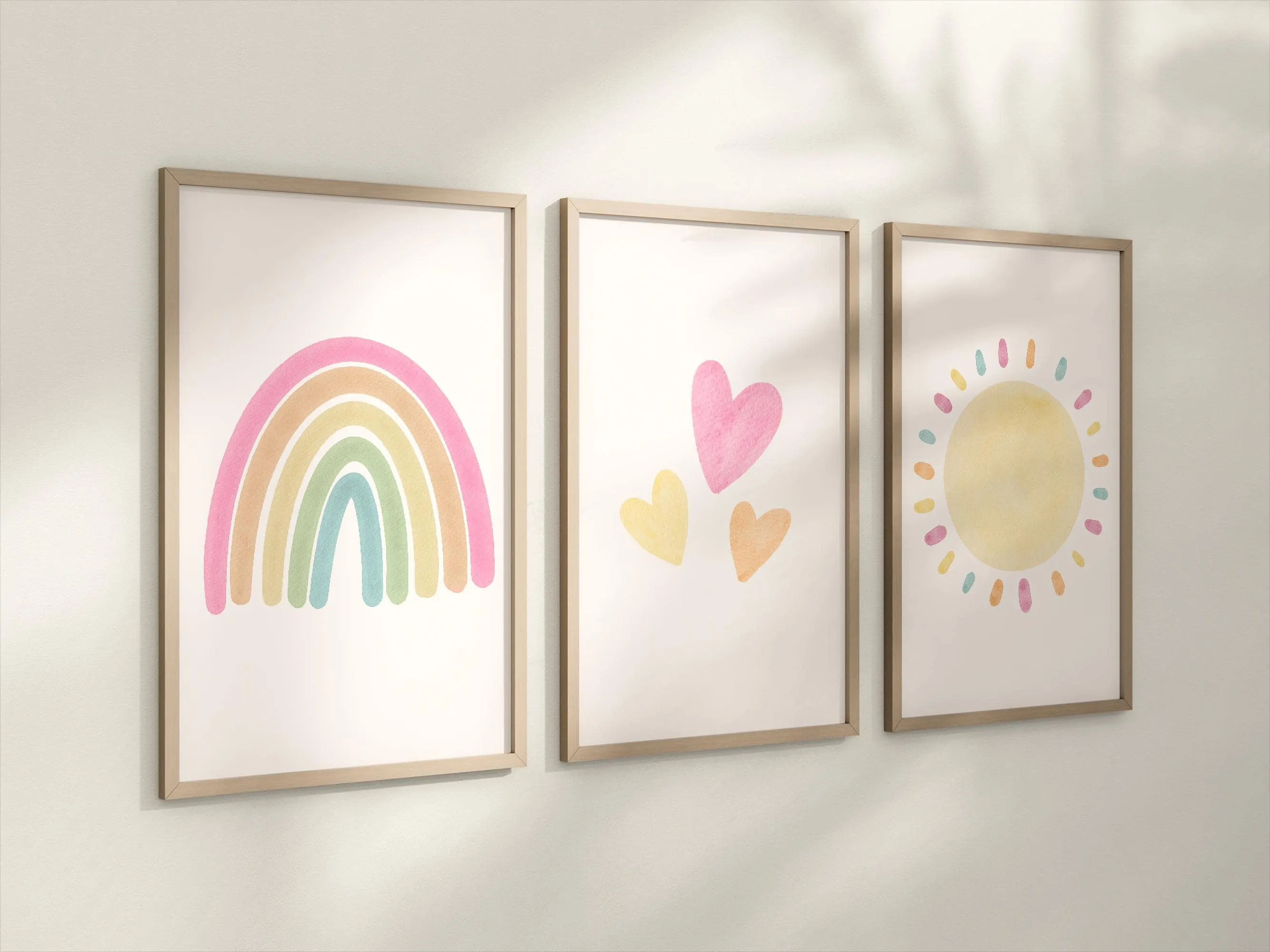 Set of 3 Nursery Art Prints with Pastel Rainbow, Sun and Hearts