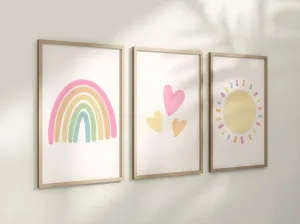 Set of 3 Nursery Art Prints with Pastel Rainbow, Sun and Hearts