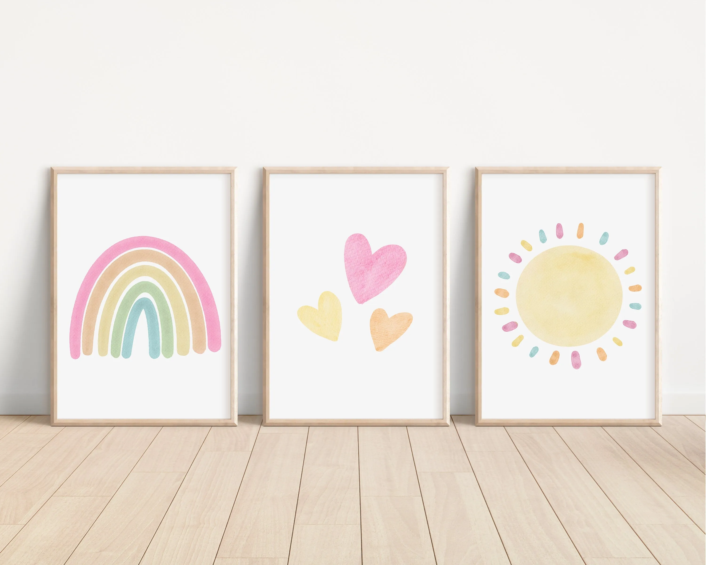 Set of 3 Nursery Art Prints with Pastel Rainbow, Sun and Hearts