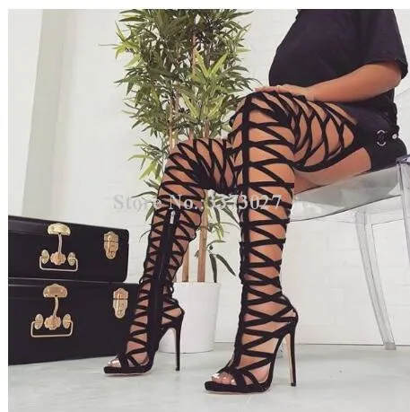 Sexy Hollowed Out Open Toe Thigh High Boots