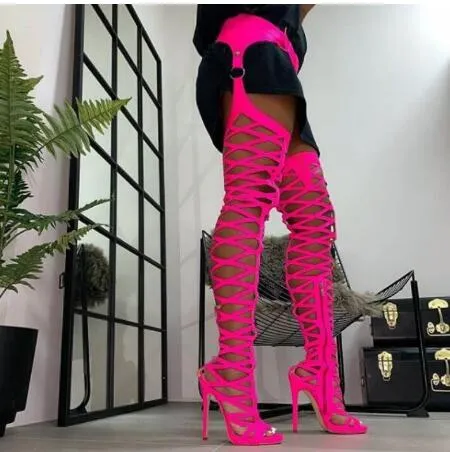 Sexy Hollowed Out Open Toe Thigh High Boots