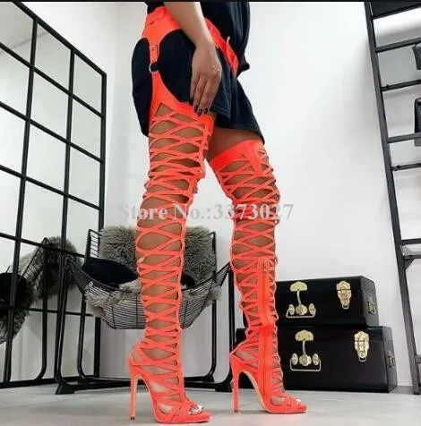 Sexy Hollowed Out Open Toe Thigh High Boots