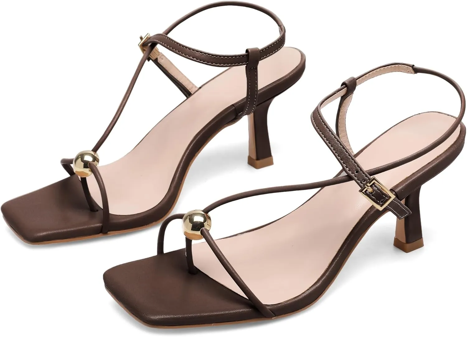 Slingback Heel Sandals for Women with Silver Ball Slim Straps Buckle Comfortable Open Square Toe Kitten Heels Wedding Dress Shoes for Women.
