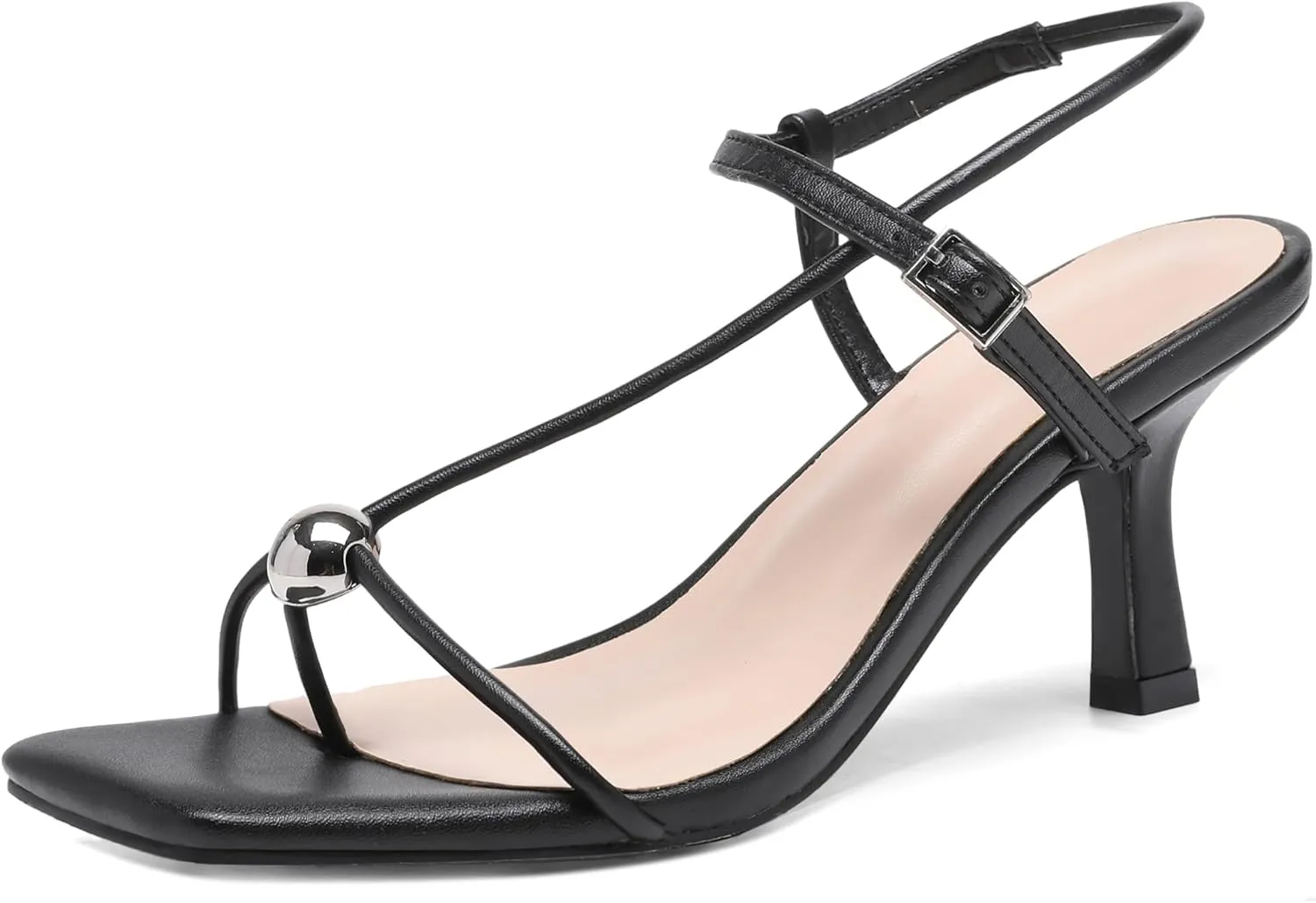 Slingback Heel Sandals for Women with Silver Ball Slim Straps Buckle Comfortable Open Square Toe Kitten Heels Wedding Dress Shoes for Women.