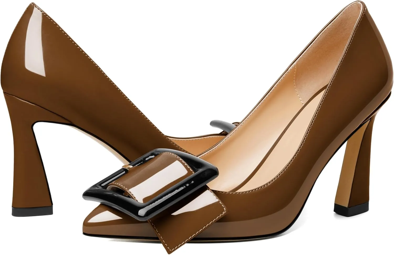 Soireelady Women High Stiletto Heel Pumps Pointed Toe Sexy Slip On 3.4 Inch Closed Toe Buckle Loafers Comfort Shoes for Wedding Office Evening