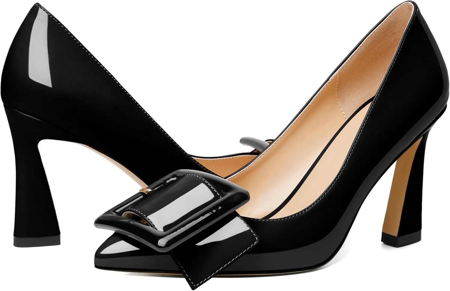 Soireelady Women High Stiletto Heel Pumps Pointed Toe Sexy Slip On 3.4 Inch Closed Toe Buckle Loafers Comfort Shoes for Wedding Office Evening