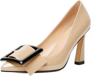 Soireelady Women High Stiletto Heel Pumps Pointed Toe Sexy Slip On 3.4 Inch Closed Toe Buckle Loafers Comfort Shoes for Wedding Office Evening