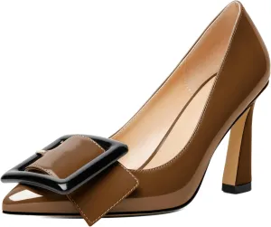 Soireelady Women High Stiletto Heel Pumps Pointed Toe Sexy Slip On 3.4 Inch Closed Toe Buckle Loafers Comfort Shoes for Wedding Office Evening