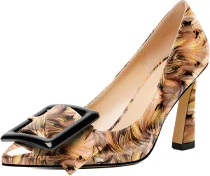 Soireelady Women High Stiletto Heel Pumps Pointed Toe Sexy Slip On 3.4 Inch Closed Toe Buckle Loafers Comfort Shoes for Wedding Office Evening