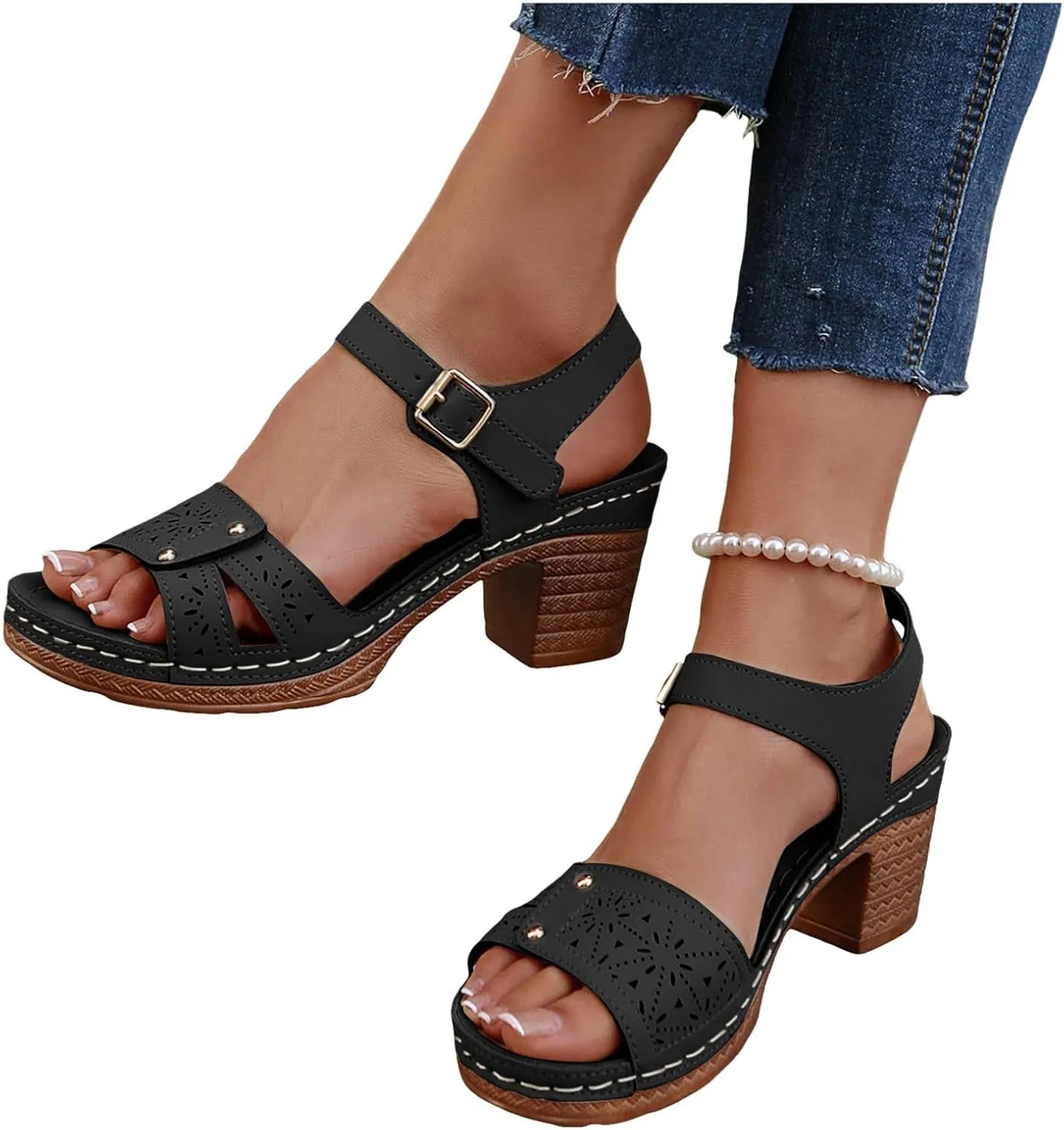 Summer Versatile Chunky Heel Sandals for Women Ankle Strap Wedding Business Dressy Shoes Comfy Business Shoes