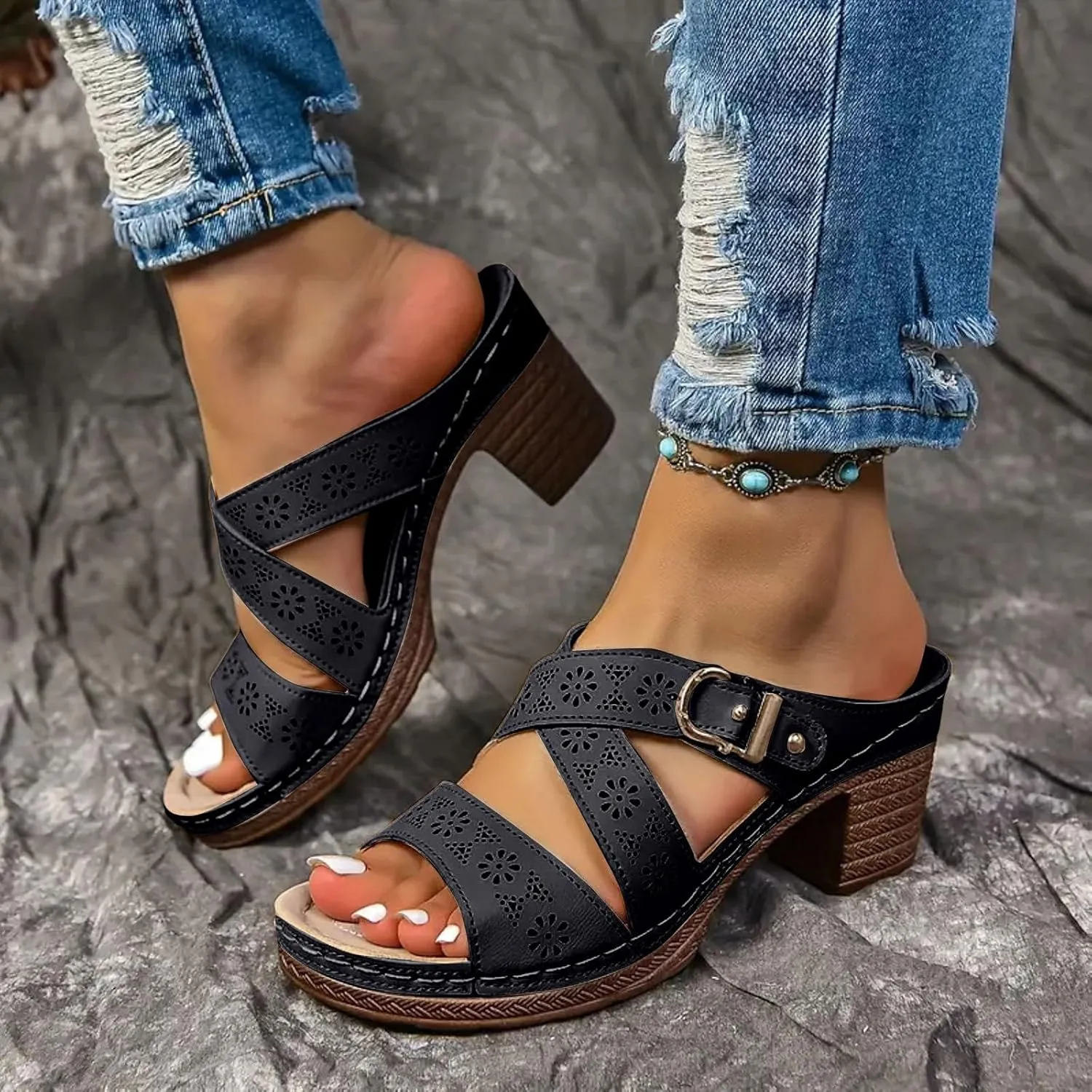 Temperament Chunky Heel Sandals for Women Open Toe Low Heels for Prom Party Daily Wear Non Slip Walking Shoes
