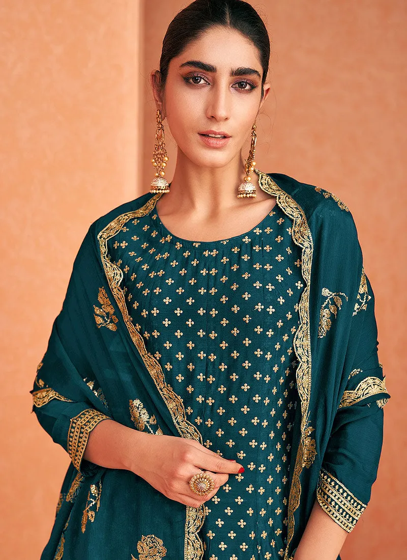 Turquoise Embroidered Designer Sharara Suit