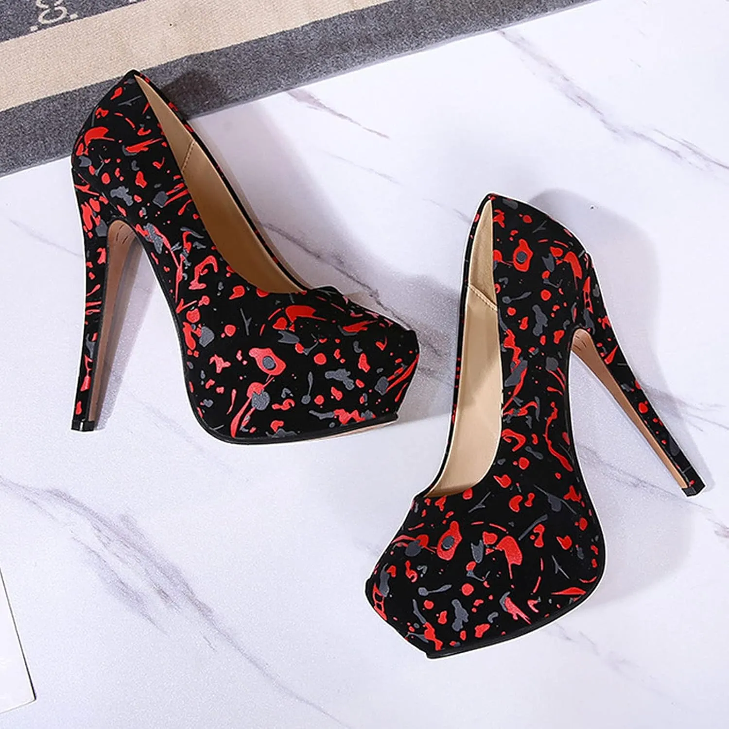 WOilERQ Round Toe Women's High Heels Pump Type Waterproof Platform Stiletto High Heel Round Toe Print Pump Crystal Wedding Shoes Party Dress High Heels
