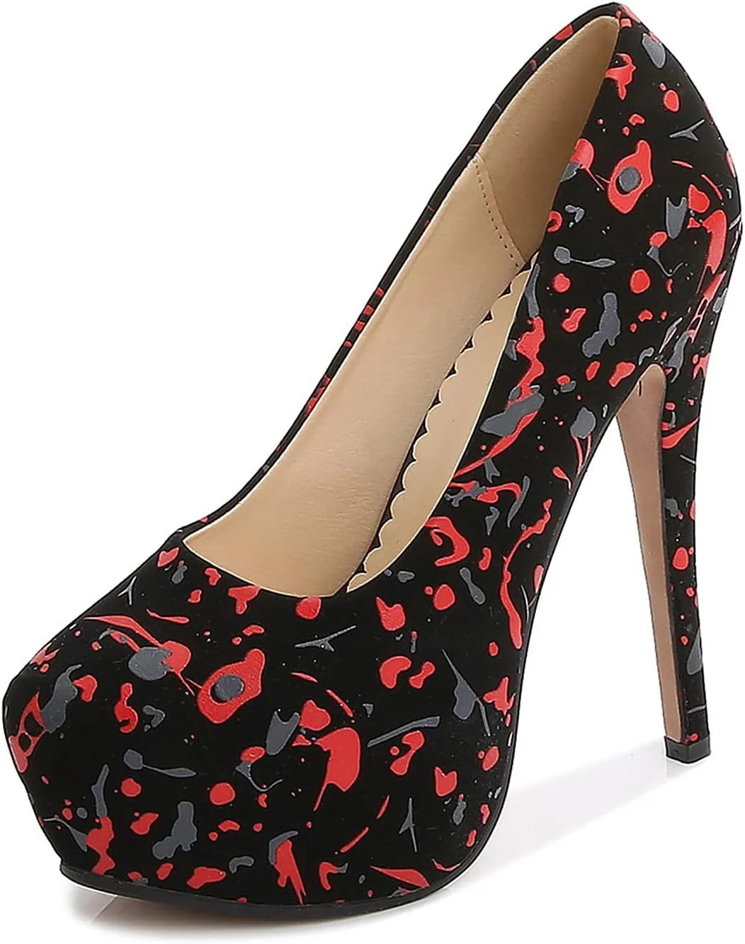 WOilERQ Round Toe Women's High Heels Pump Type Waterproof Platform Stiletto High Heel Round Toe Print Pump Crystal Wedding Shoes Party Dress High Heels