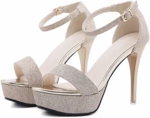 WOilERQ Women's Buckle Fashion Sandals Open Toe One Word Buckle Stilettos Platform Sandals Round Head Hasp Flat Stiletto Sandals Classic Dress Party Office Shoes,Gold,38