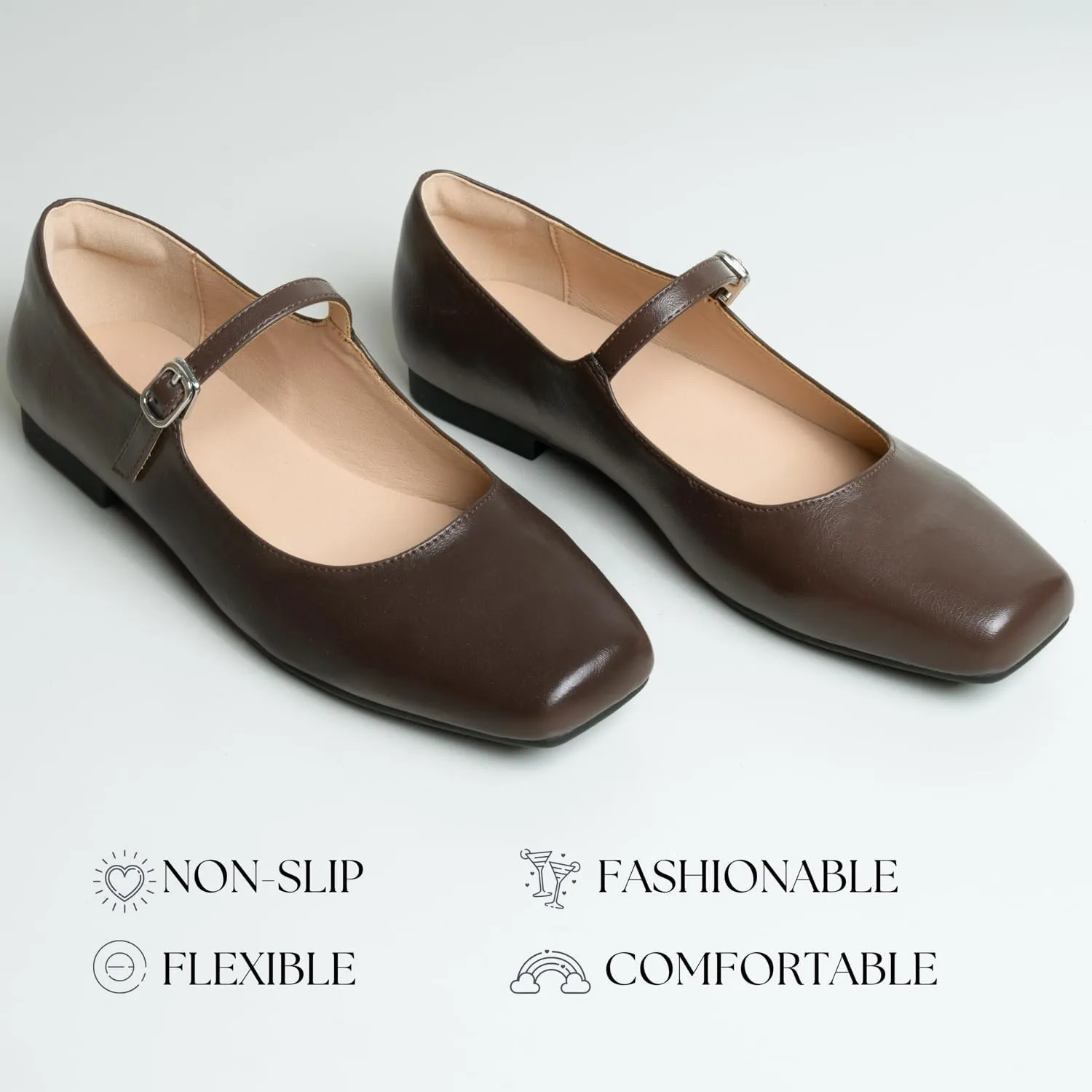 Women Mary Jane Shoes,Square Toe Flats Ballet Flats for Women, Comfortable Ankle Strap,Easy to take on and Off,Matched with Skirts, Dress,Jeans and More.